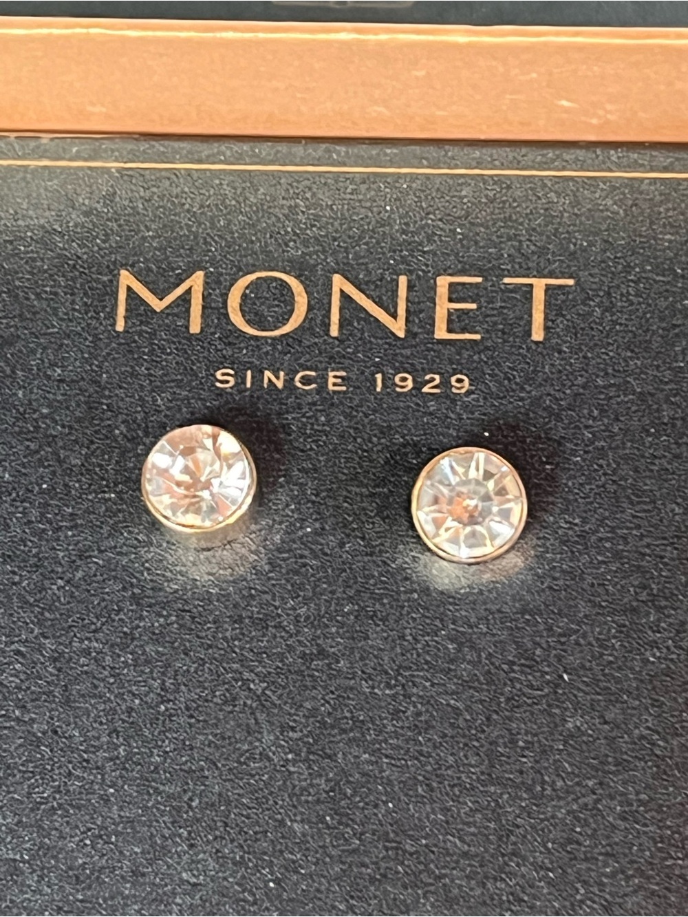 Vintage Monet Gold-Tone Crystal Rhinestone Solitaire Stud Earrings NWT